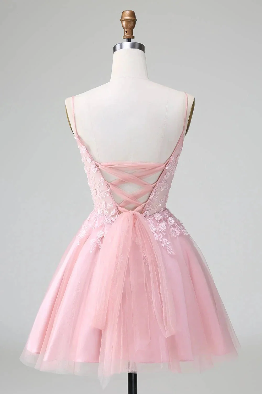 Cute Blush A Line Spaghetti Straps Corset Short Homecoming Dress with Appliques - Image 2
