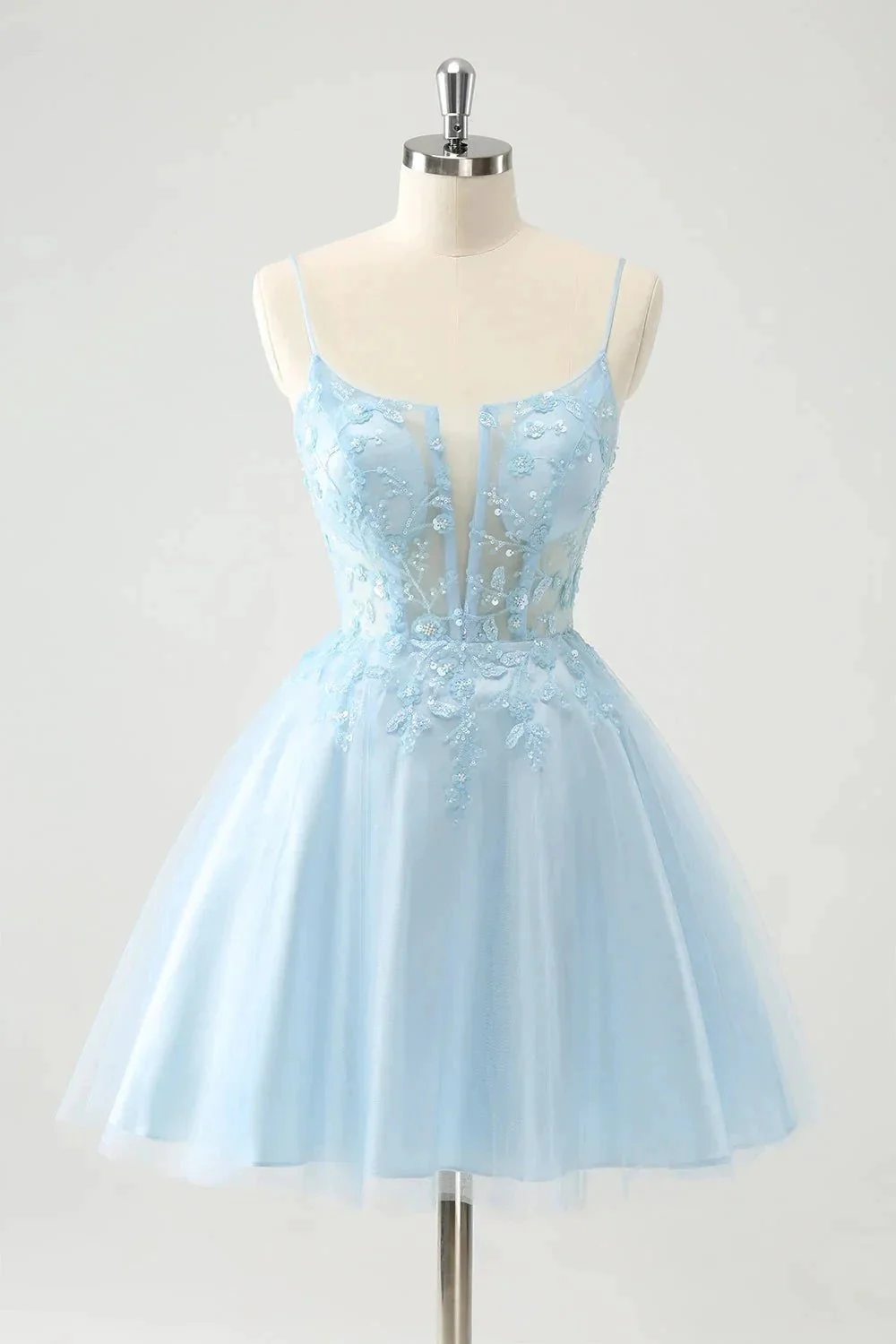 Cute Blush A Line Spaghetti Straps Corset Short Homecoming Dress with Appliques - Image 6