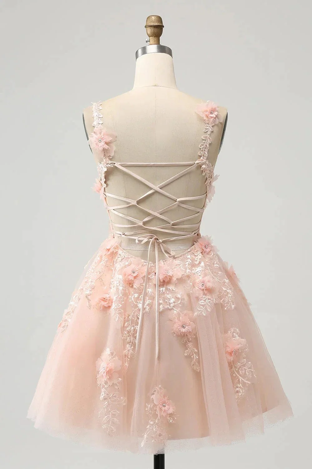 Cute Blush A Line V Neck Sequin Corset Short Homecoming Dress with Appliques - Image 2