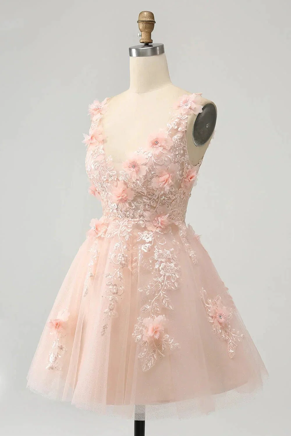 Cute Blush A Line V Neck Sequin Corset Short Homecoming Dress with Appliques - Image 3