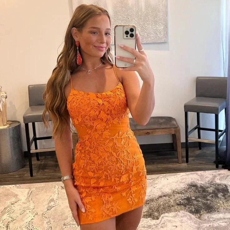 Cute Bodycon Scoop Neck Orange Lace Homecoming Dresses Y2919 - Image 2