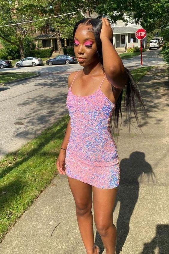 Cute Bodycon Straps Pink Short Sparkly Homecoming Dresses Y1288 - Image 3