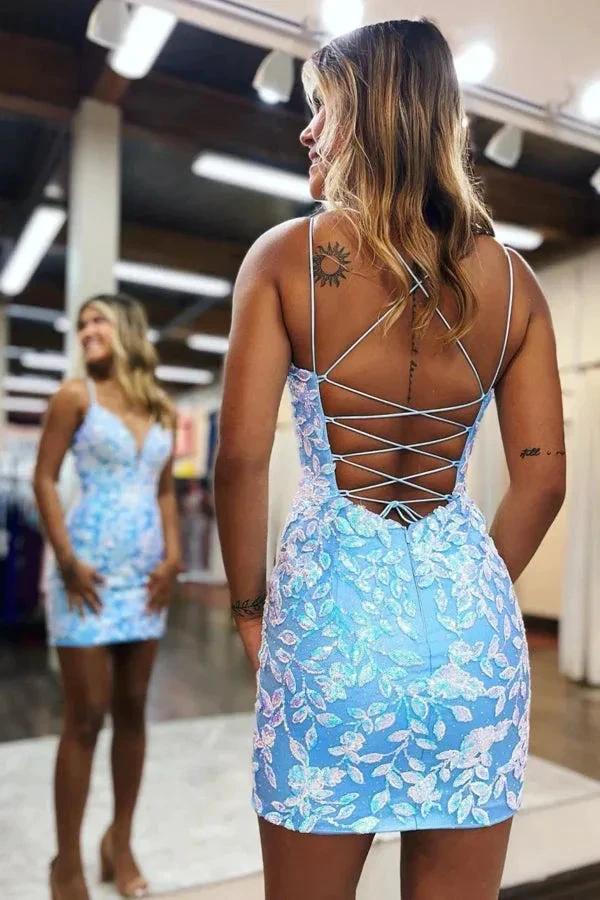 Cute Bodycon V Neck Blue Lace Tight Homecoming Dresses PD484 - Image 2
