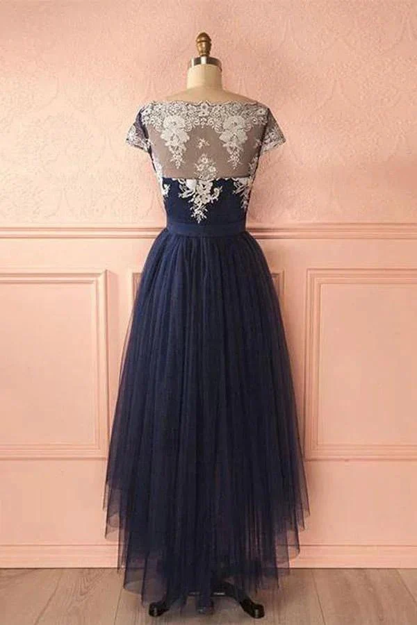 Cute Dark Blue Tulle Lace High Low Prom Dress Evening Dresses PG421 - Image 2
