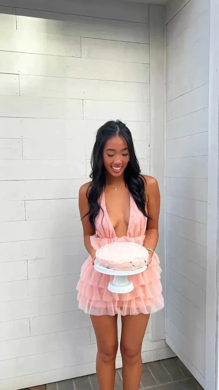 Cute Deep V Neck Pink Homecoming Dress Pink Birthday Party Dress Y1941 - Image 3