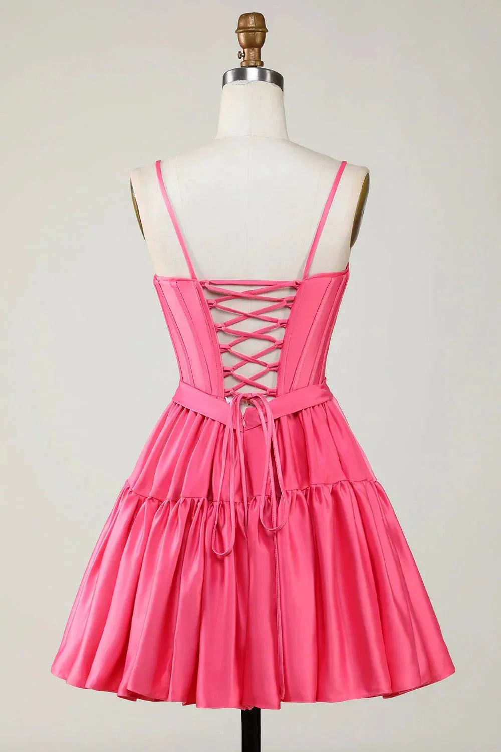 Cute Fuchsia A Line Spaghetti Straps Corset Ruffle Homecoming Dress with Bows - Image 2