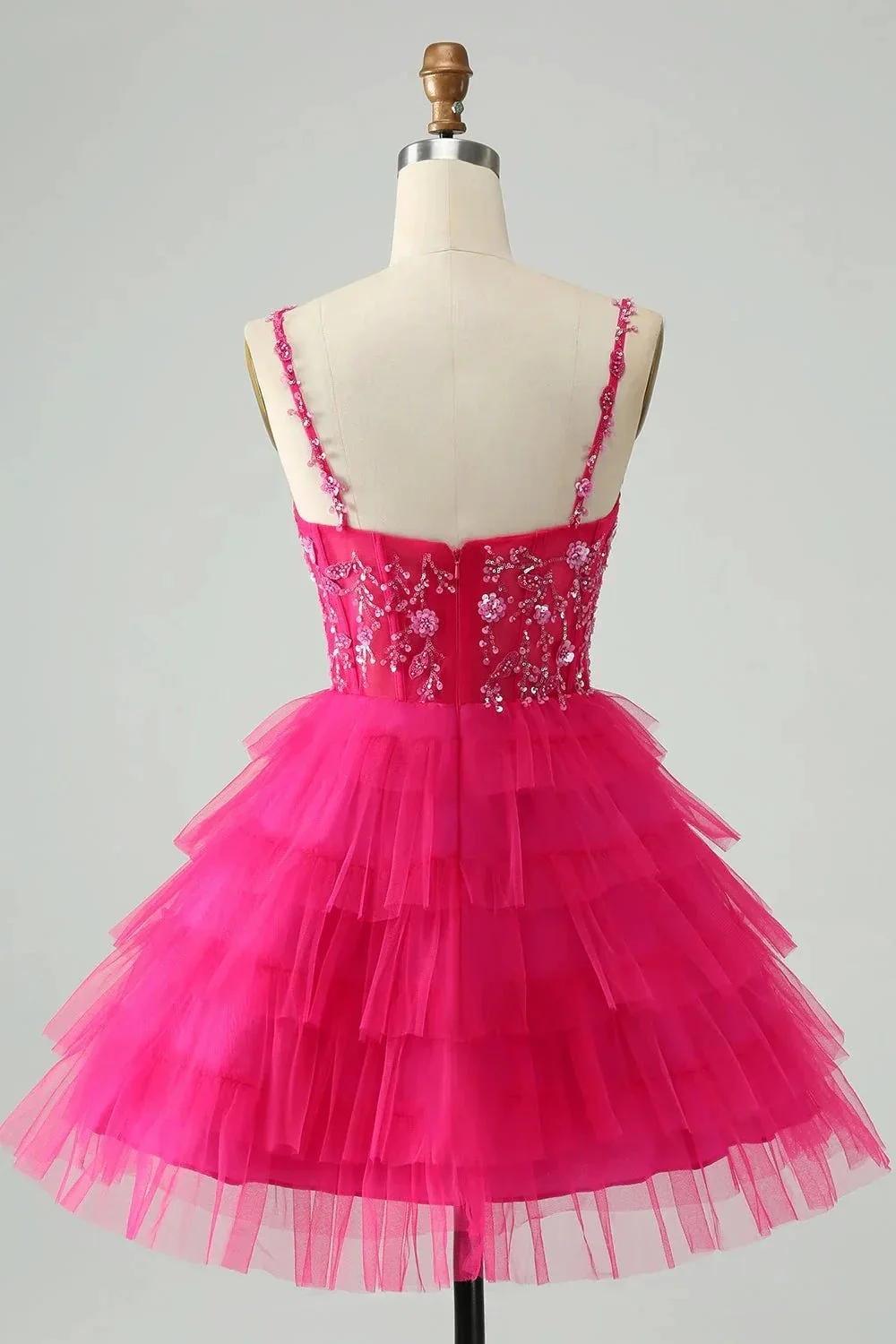 Cute Fuchsia A Line Spaghetti Straps Tiered Short Homecoming Dress with Sequins - Image 2
