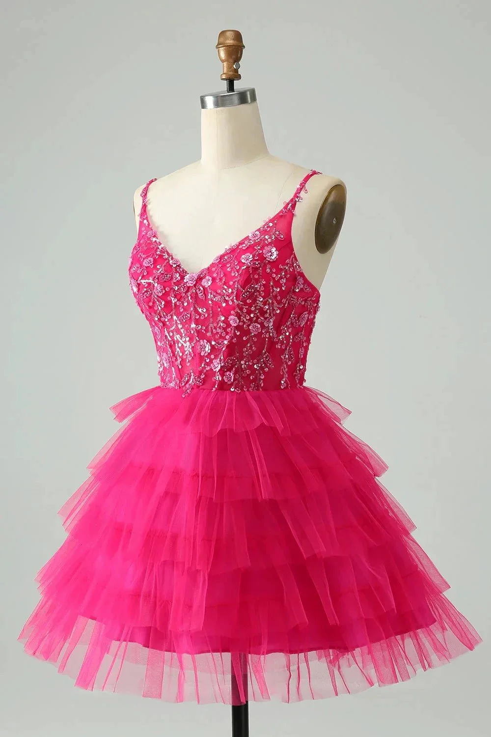 Cute Fuchsia A Line Spaghetti Straps Tiered Short Homecoming Dress with Sequins - Image 3