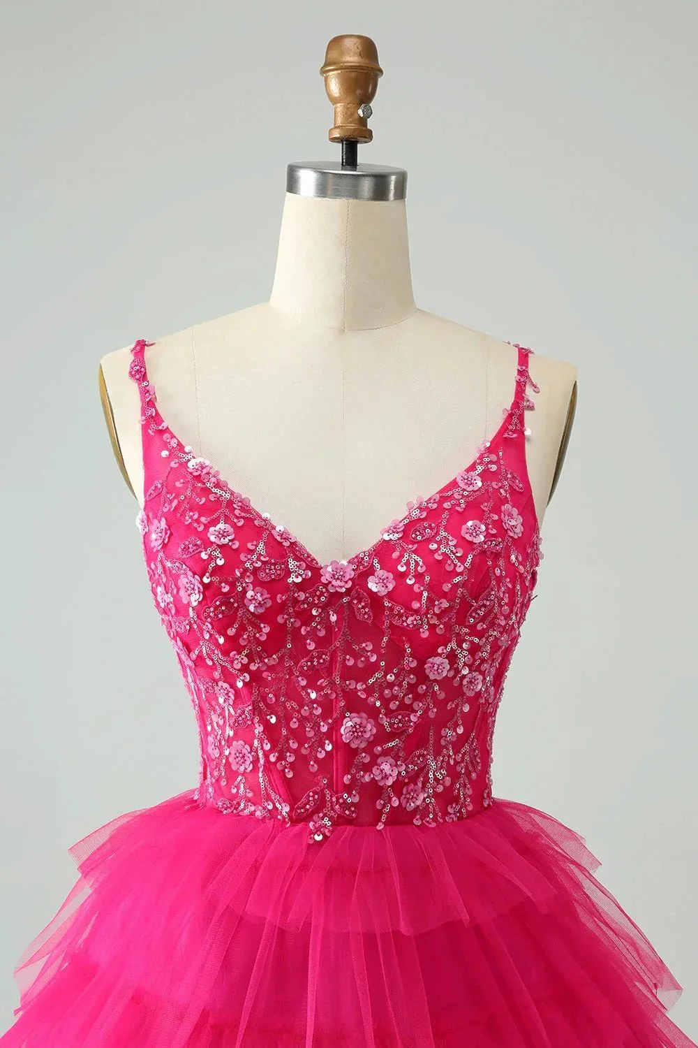 Cute Fuchsia A Line Spaghetti Straps Tiered Short Homecoming Dress with Sequins - Image 4