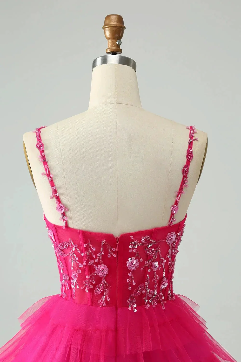 Cute Fuchsia A Line Spaghetti Straps Tiered Short Homecoming Dress with Sequins - Image 5