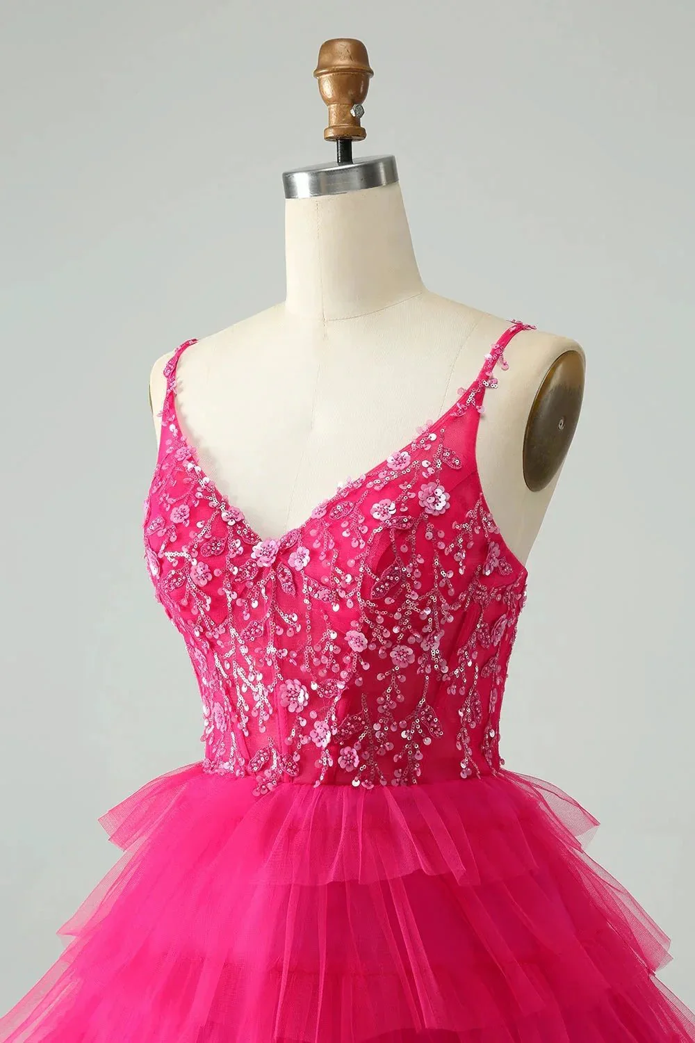 Cute Fuchsia A Line Spaghetti Straps Tiered Short Homecoming Dress with Sequins - Image 6