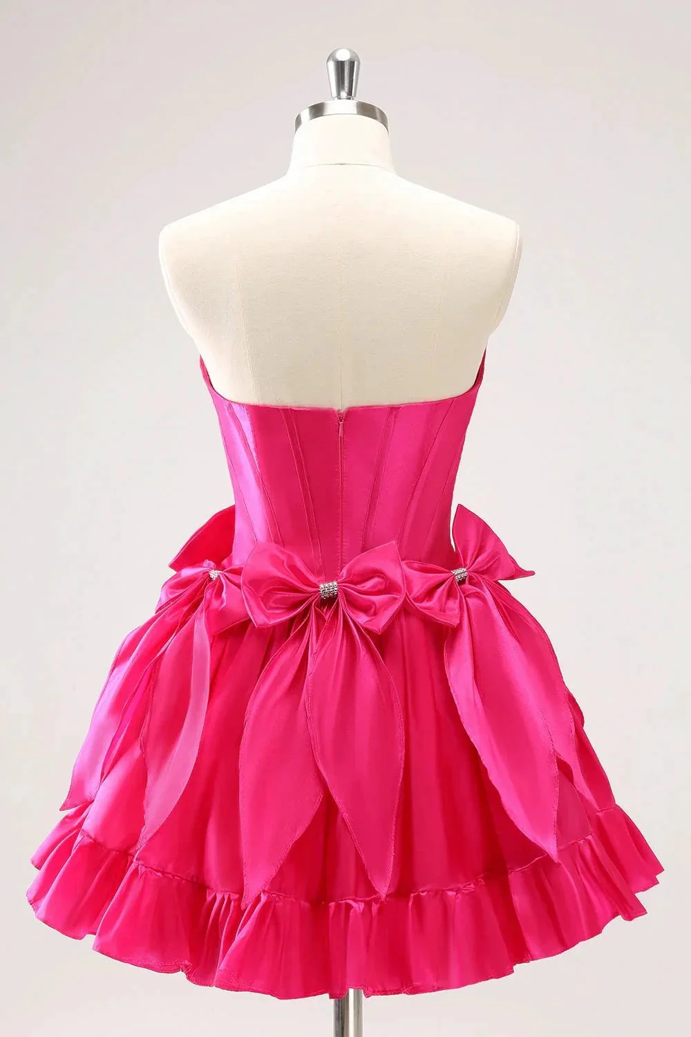 Cute Fuchsia A Line Strapless Corset Ruffle Beaded Homecoming Dress with Bows - Image 2