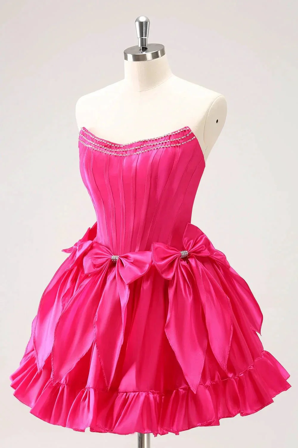 Cute Fuchsia A Line Strapless Corset Ruffle Beaded Homecoming Dress with Bows - Image 3