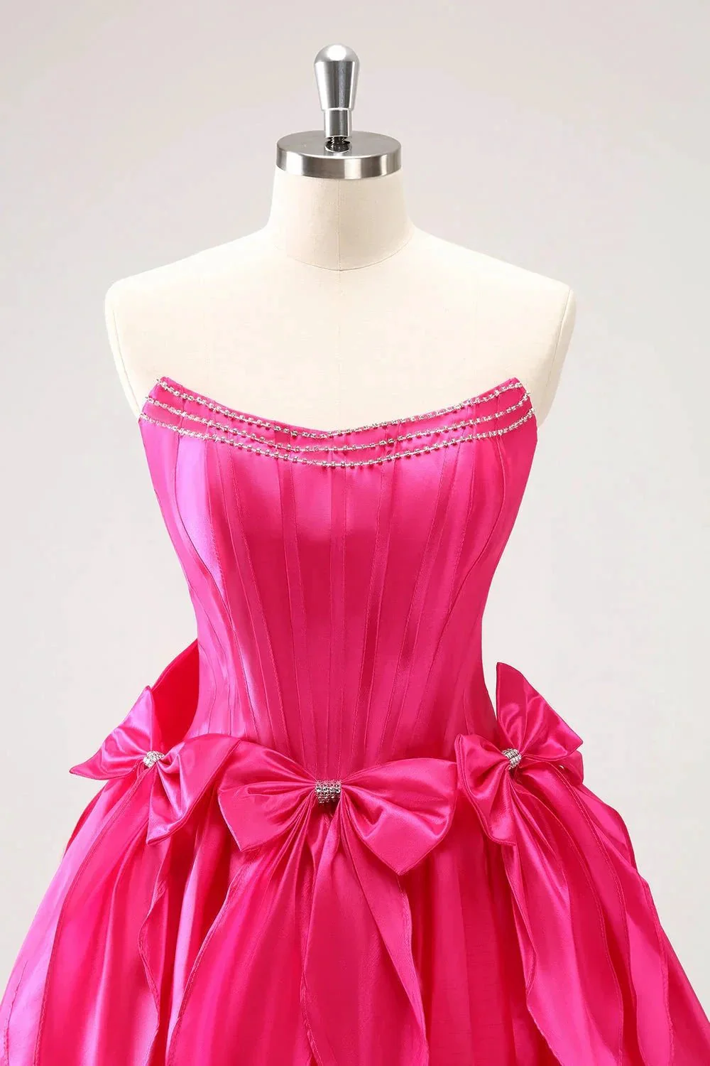 Cute Fuchsia A Line Strapless Corset Ruffle Beaded Homecoming Dress with Bows - Image 4