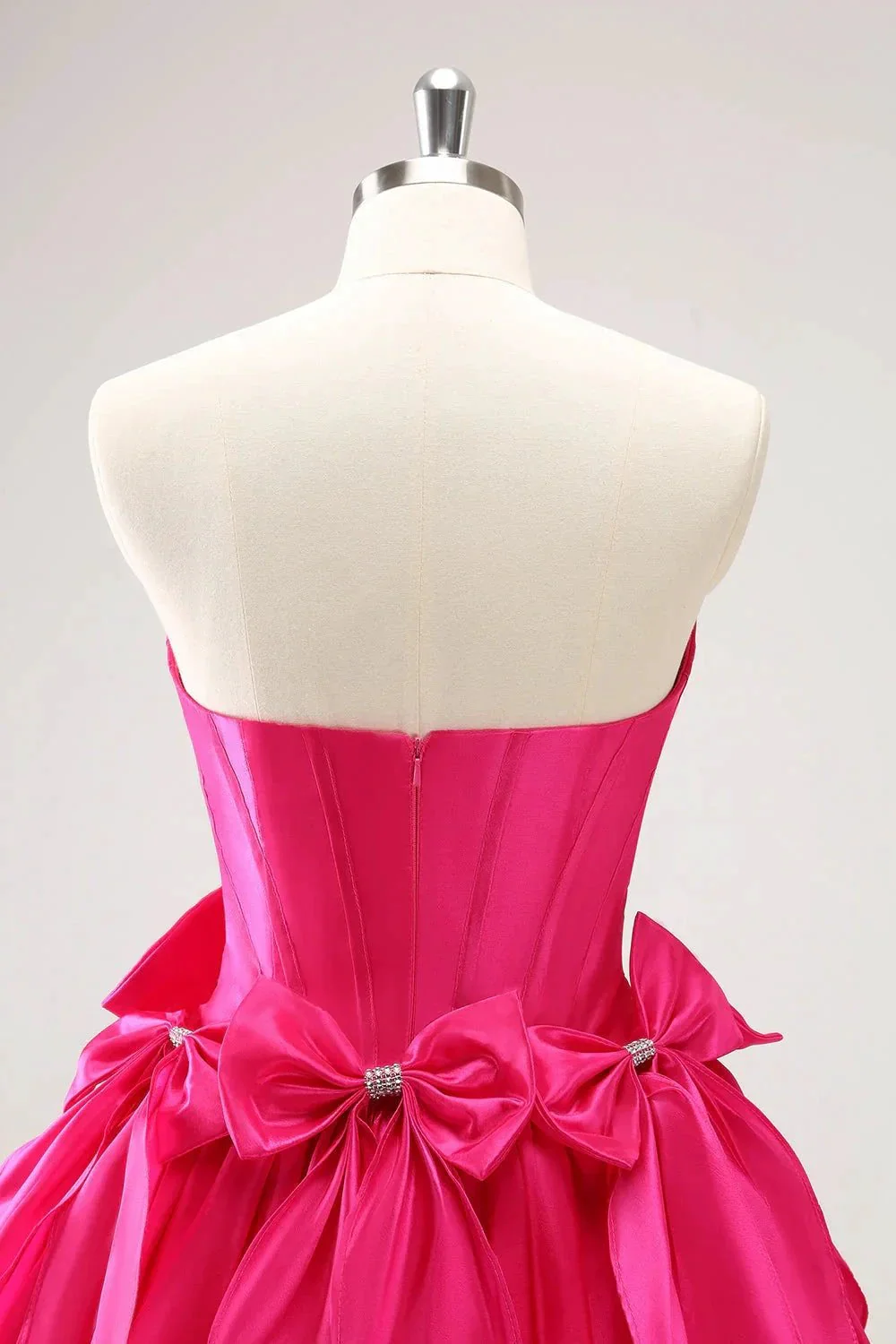 Cute Fuchsia A Line Strapless Corset Ruffle Beaded Homecoming Dress with Bows - Image 5