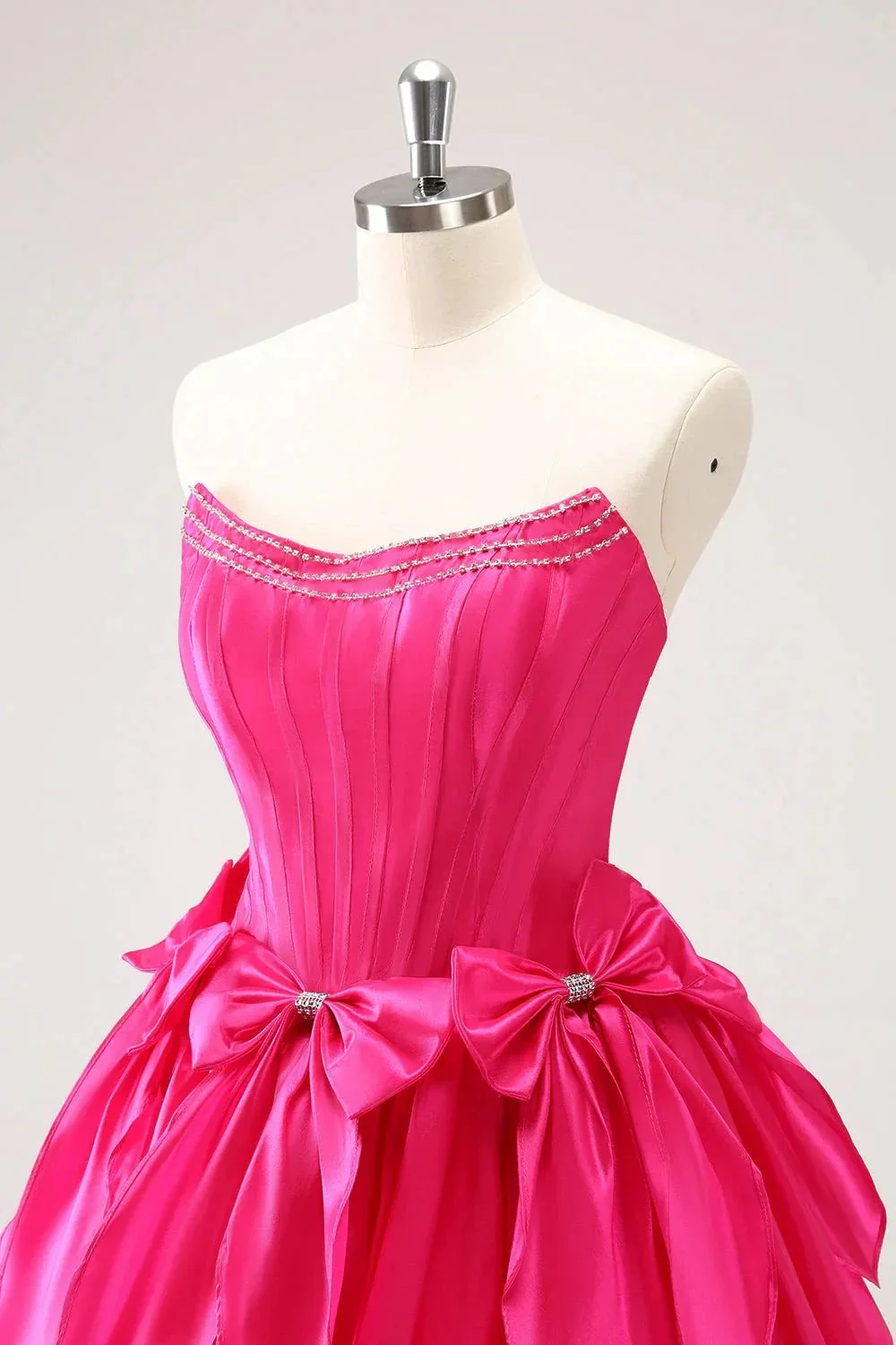 Cute Fuchsia A Line Strapless Corset Ruffle Beaded Homecoming Dress with Bows - Image 6