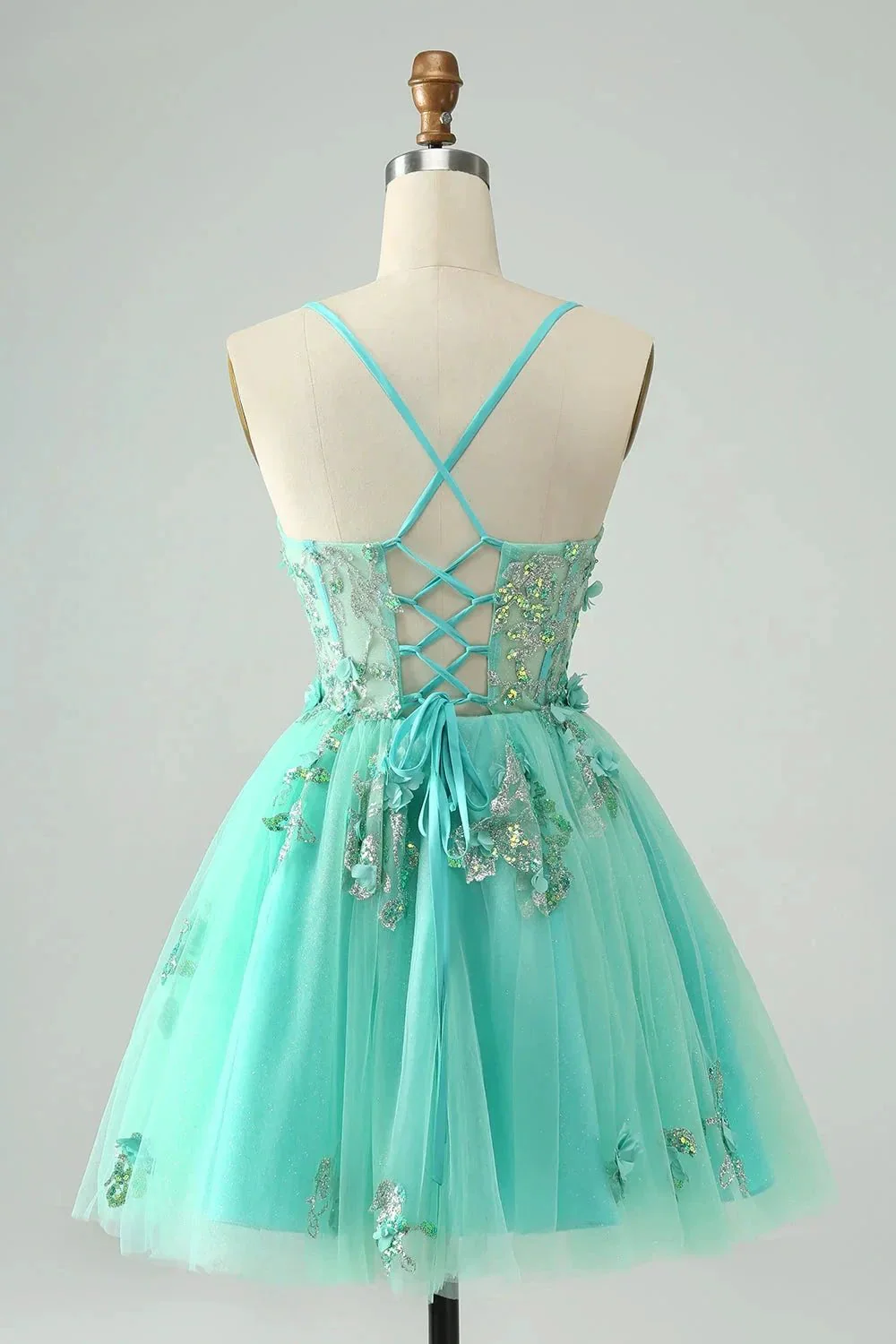 Cute Green A Line Spaghetti Straps Corset Short Homecoming Dress with Appliques - Image 2