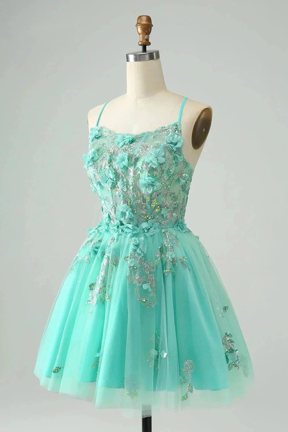 Cute Green A Line Spaghetti Straps Corset Short Homecoming Dress with Appliques - Image 3