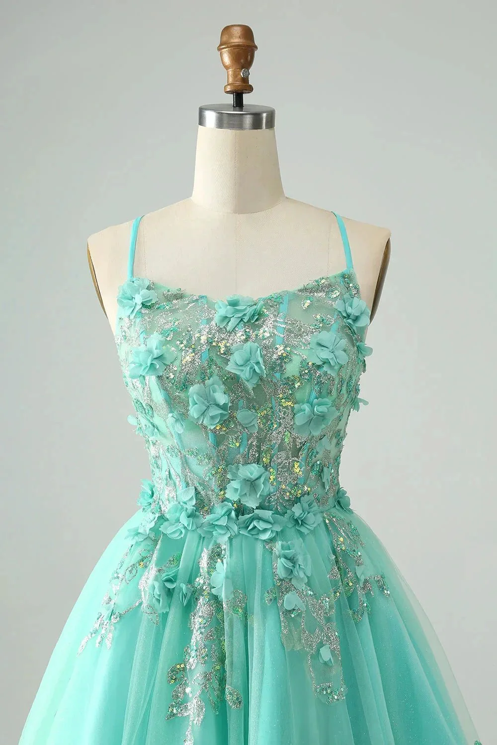 Cute Green A Line Spaghetti Straps Corset Short Homecoming Dress with Appliques - Image 4