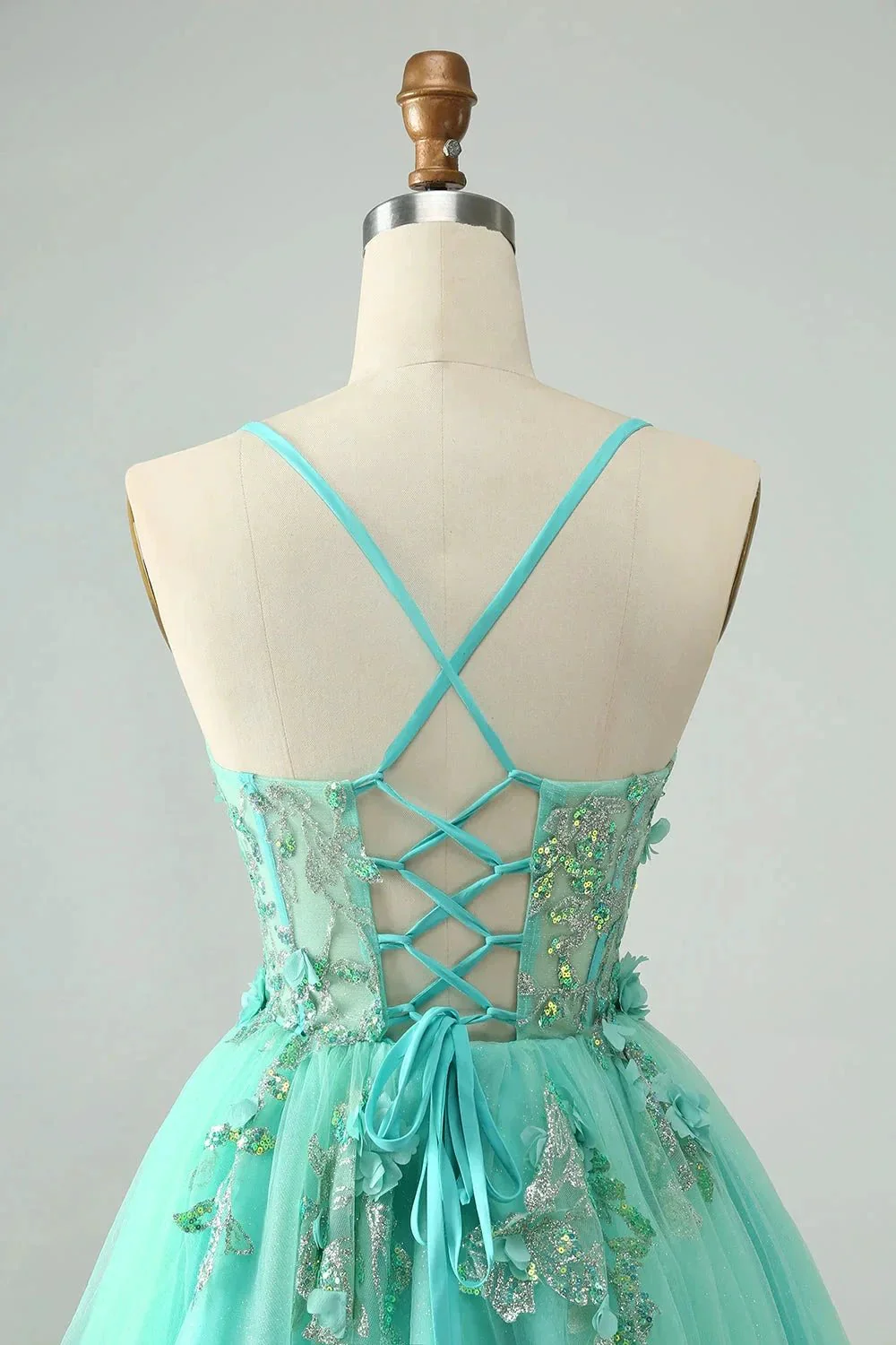 Cute Green A Line Spaghetti Straps Corset Short Homecoming Dress with Appliques - Image 5