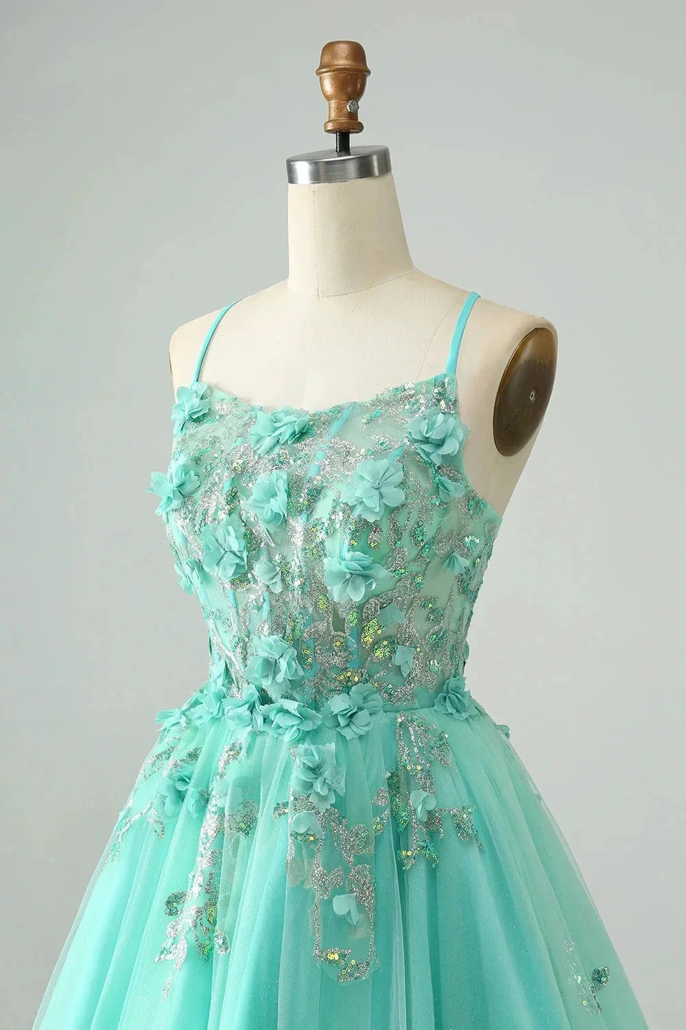 Cute Green A Line Spaghetti Straps Corset Short Homecoming Dress with Appliques - Image 6