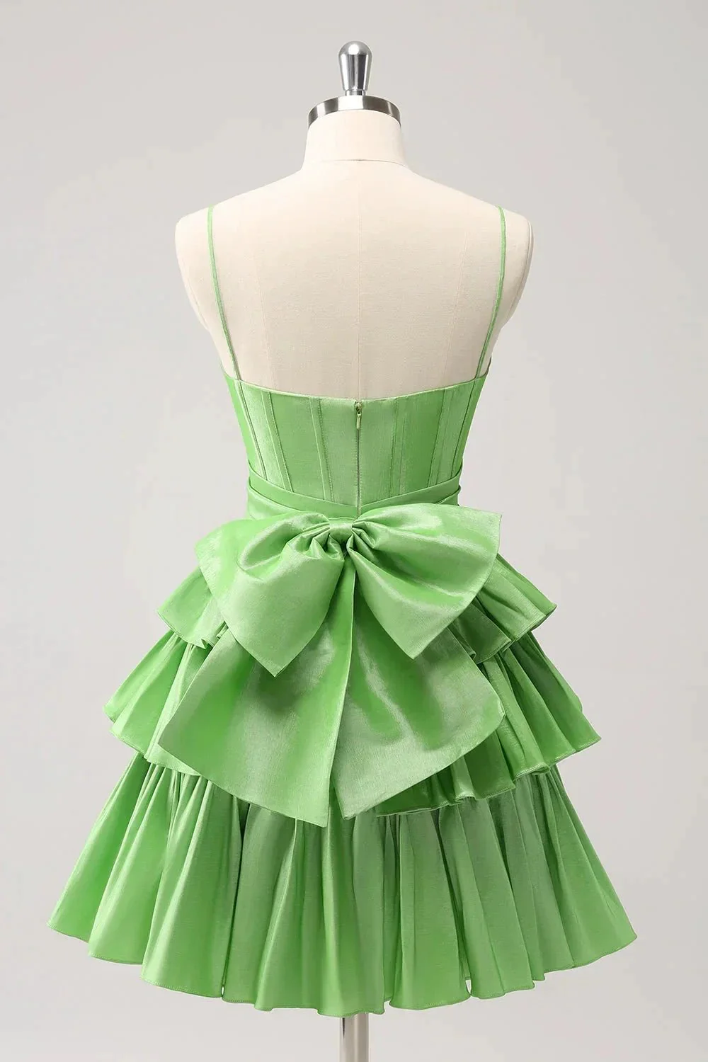 Cute Green A Line Spaghetti Straps Corset Tiered Ruffle Homecoming Dress with Bow - Image 2