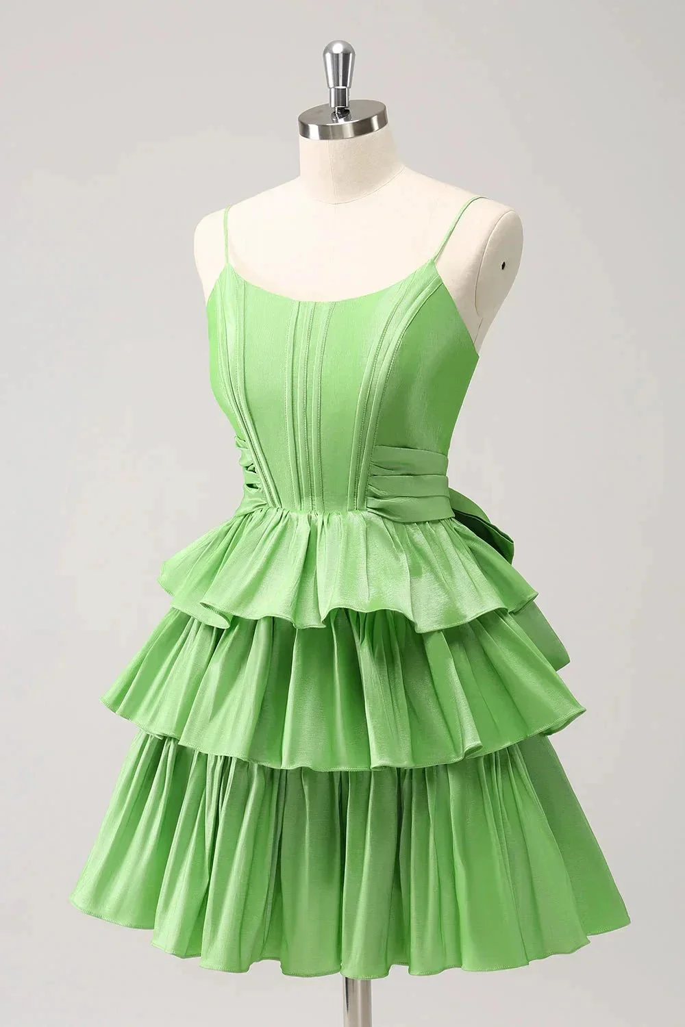 Cute Green A Line Spaghetti Straps Corset Tiered Ruffle Homecoming Dress with Bow - Image 3