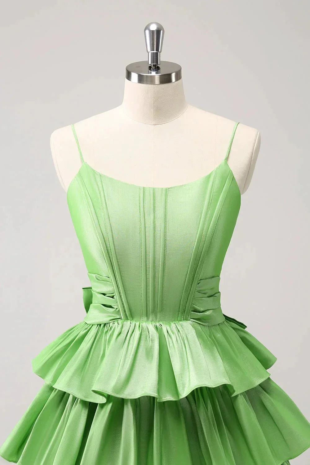 Cute Green A Line Spaghetti Straps Corset Tiered Ruffle Homecoming Dress with Bow - Image 4