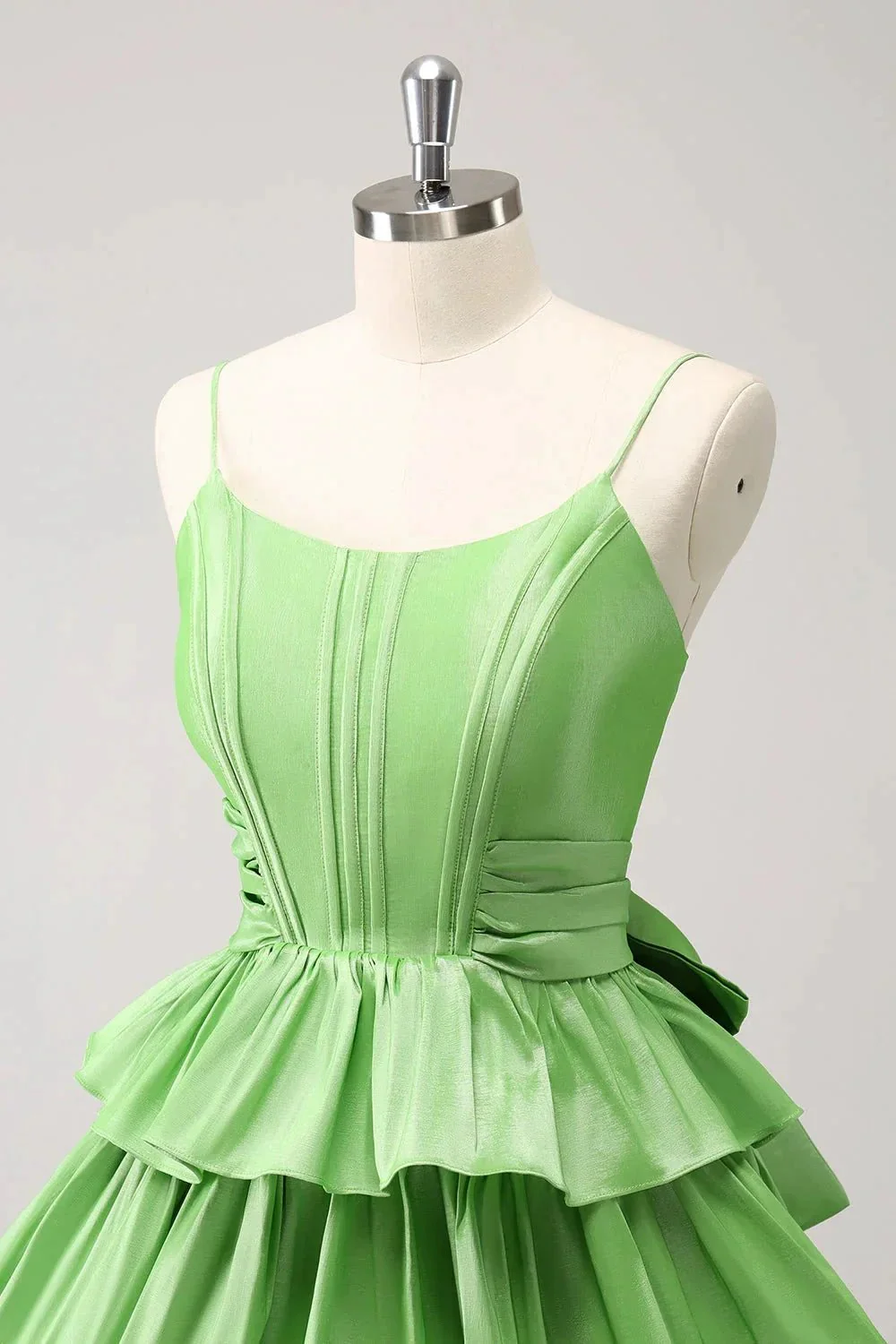 Cute Green A Line Spaghetti Straps Corset Tiered Ruffle Homecoming Dress with Bow - Image 5