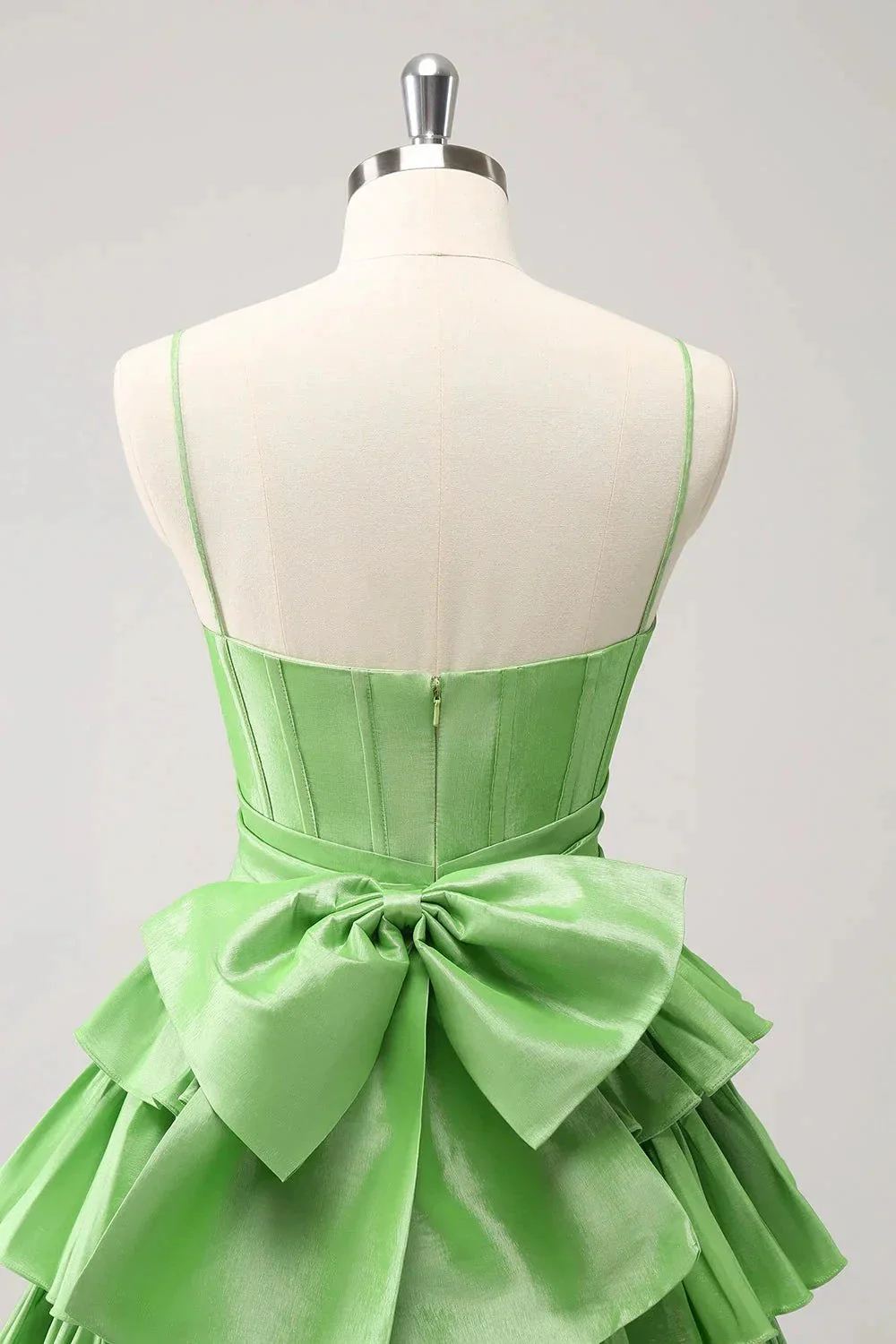 Cute Green A Line Spaghetti Straps Corset Tiered Ruffle Homecoming Dress with Bow - Image 6
