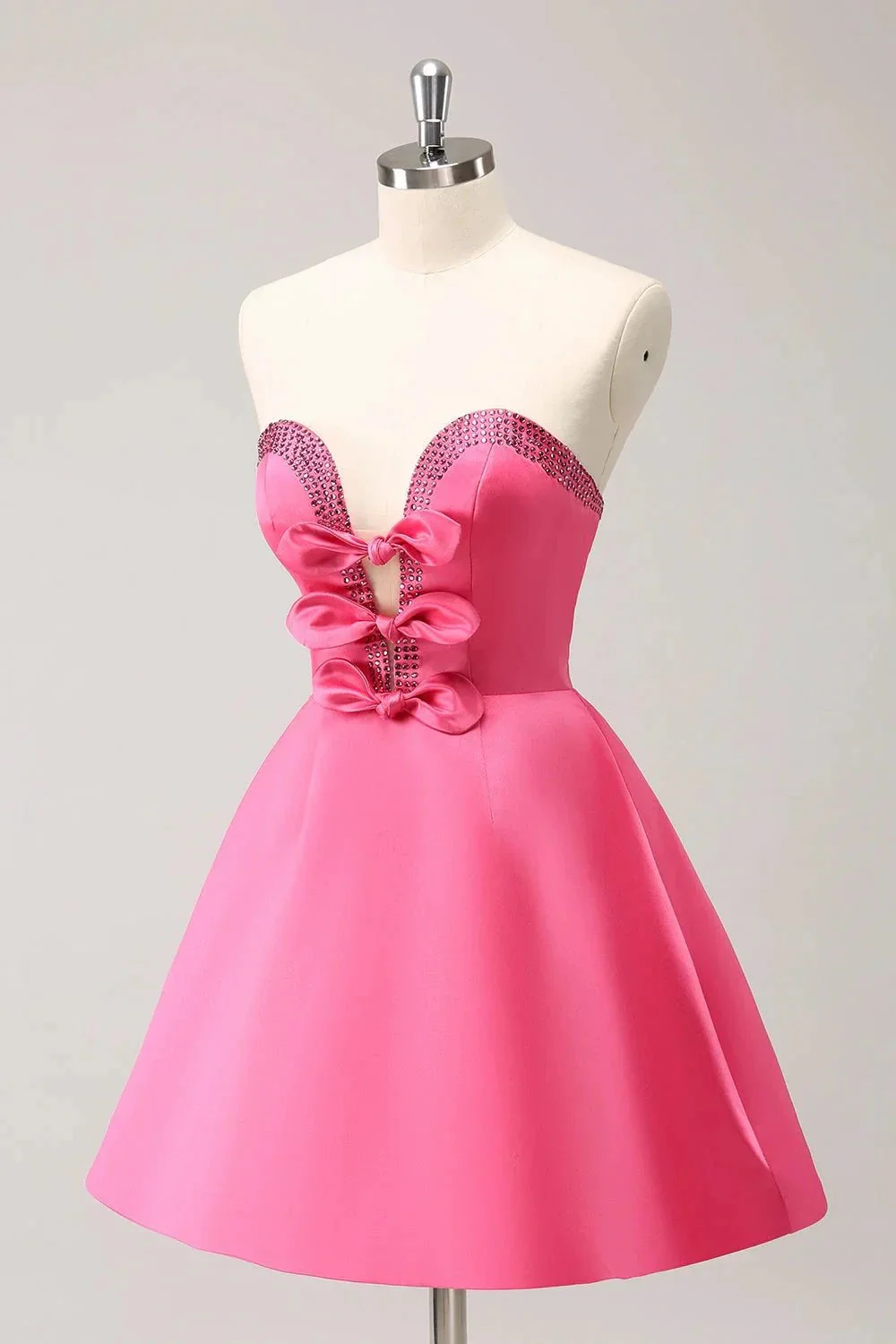 Cute Hot Pink A Line Strapless Cut Out Homecoming Dress with Beading - Image 3