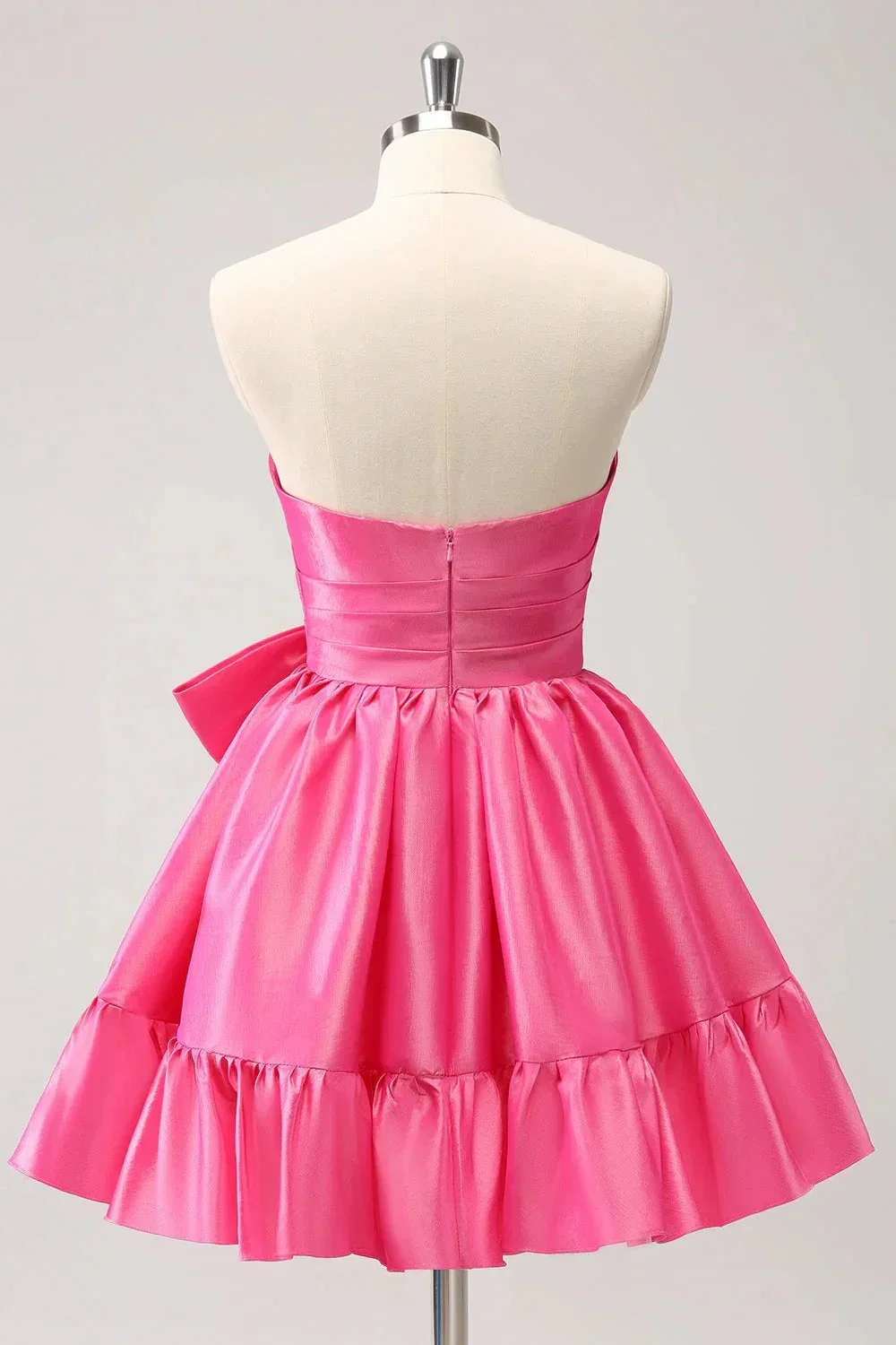 Cute Hot Pink A Line Strapless Pleated Short Homecoming Dress with Bow - Image 2
