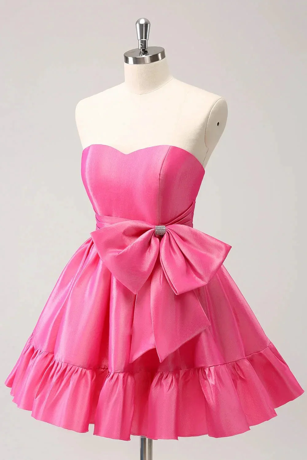 Cute Hot Pink A Line Strapless Pleated Short Homecoming Dress with Bow - Image 3