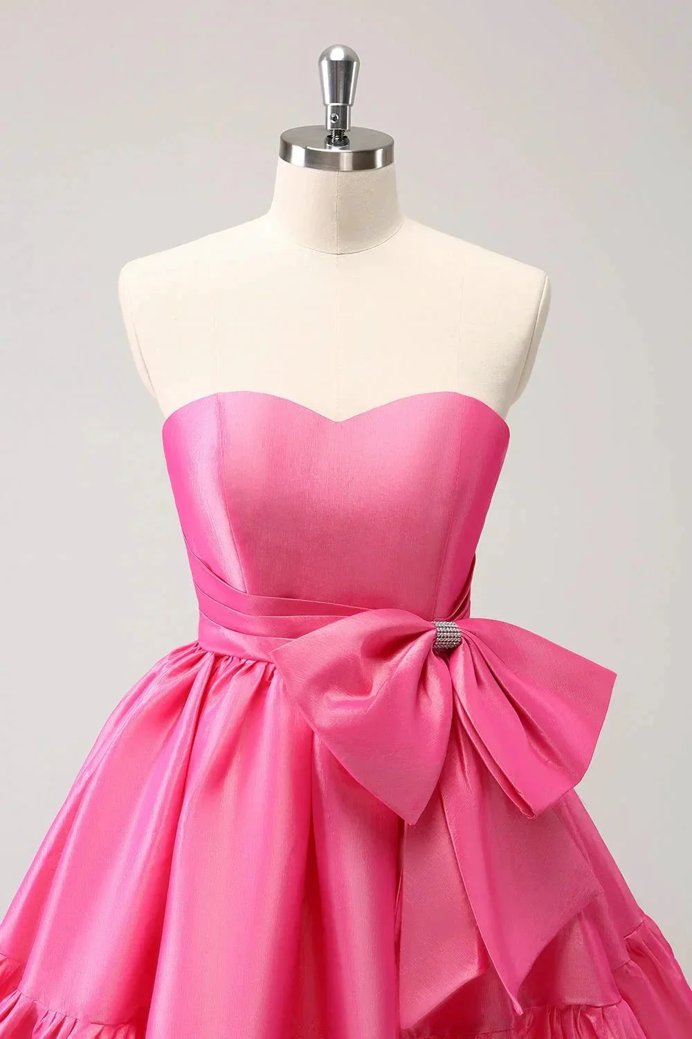 Cute Hot Pink A Line Strapless Pleated Short Homecoming Dress with Bow - Image 4