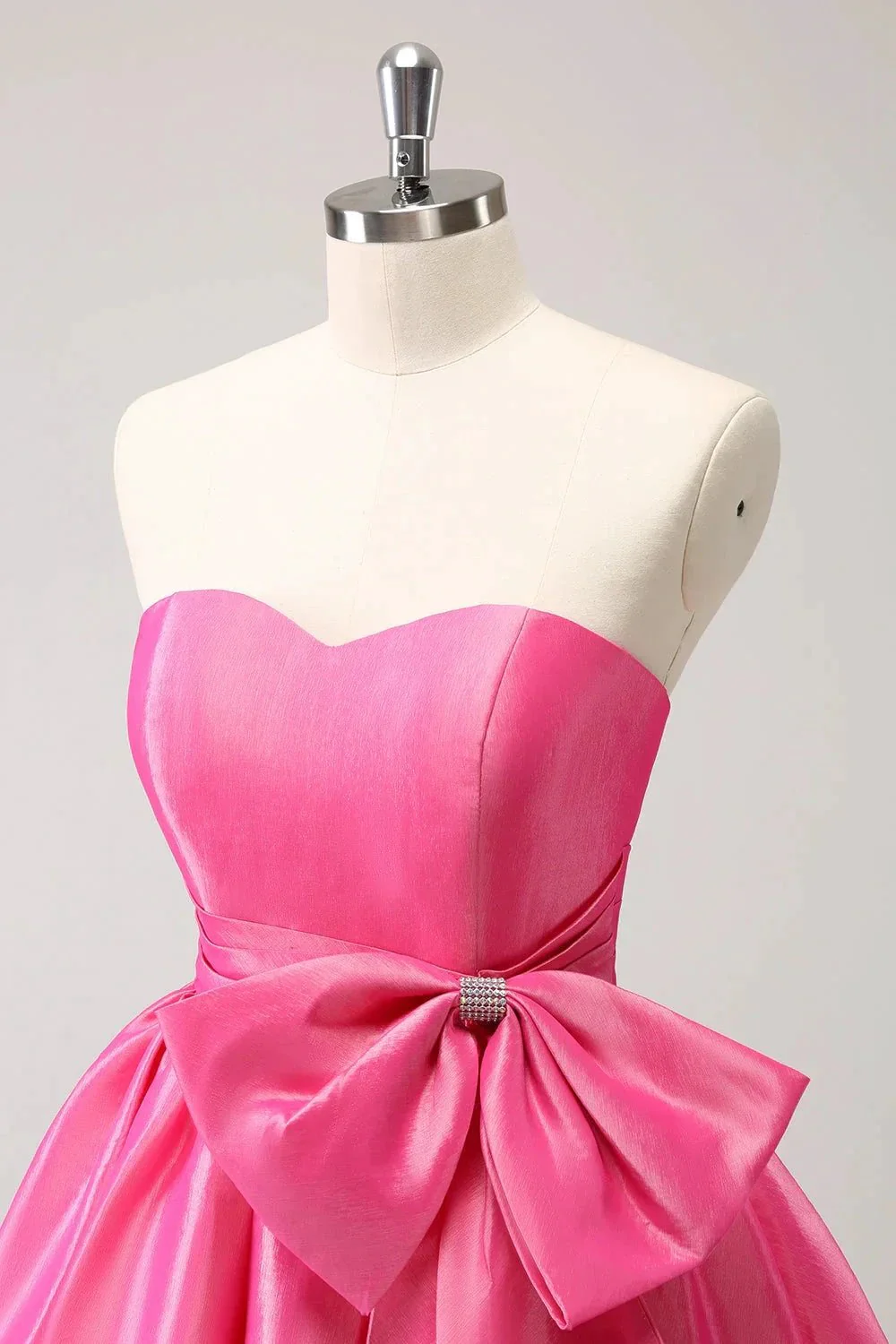 Cute Hot Pink A Line Strapless Pleated Short Homecoming Dress with Bow - Image 6