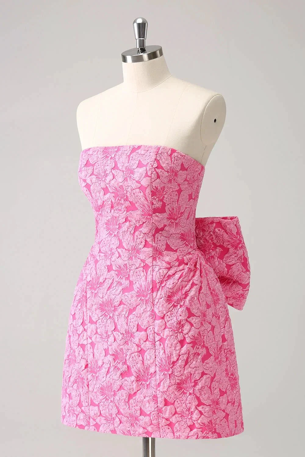 Cute Hot Pink A Line Strapless Print Short Homecoming Dress with Bow - Image 3