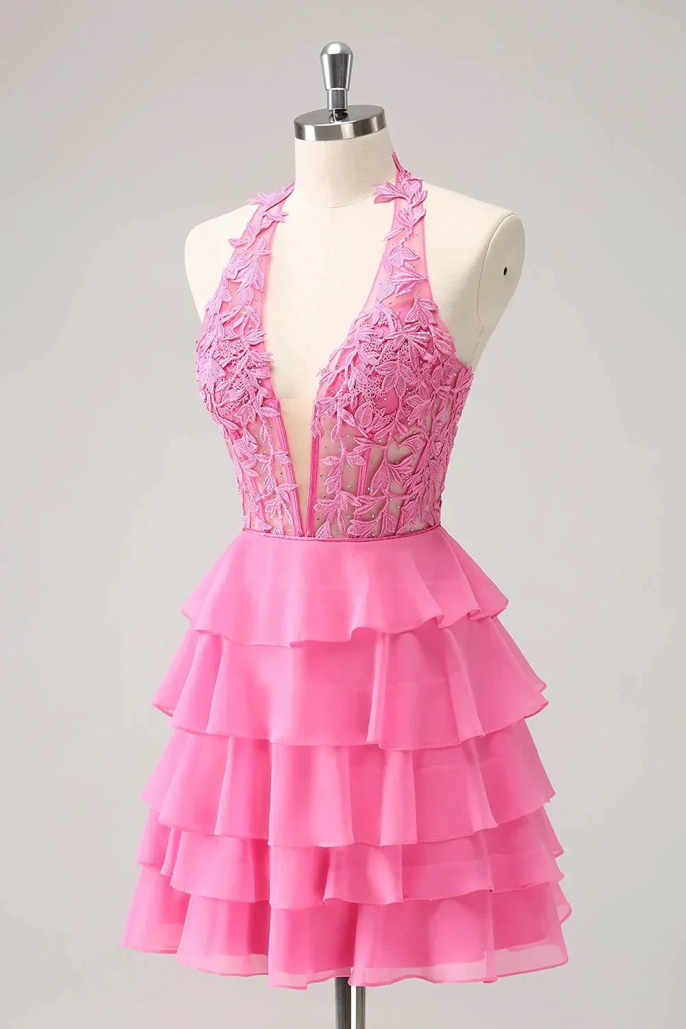 Cute Hot Pink A Line Strapless Tiered Corset Ruffle Homecoming Dress with Beading - Image 3