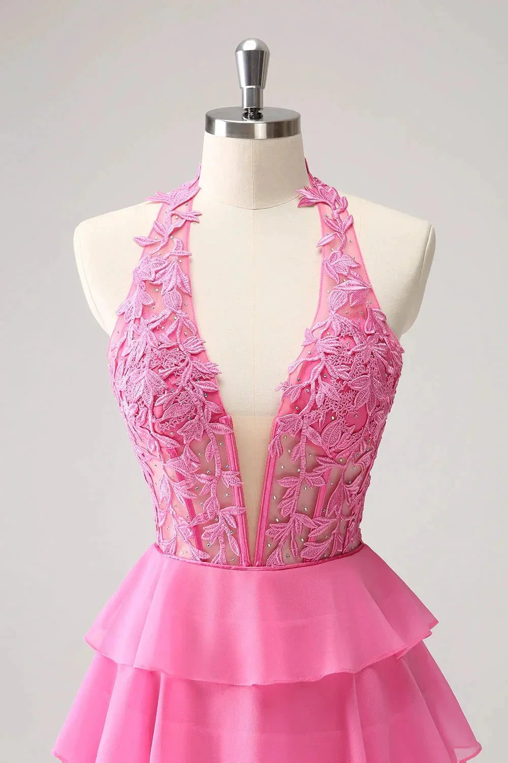 Cute Hot Pink A Line Strapless Tiered Corset Ruffle Homecoming Dress with Beading - Image 4