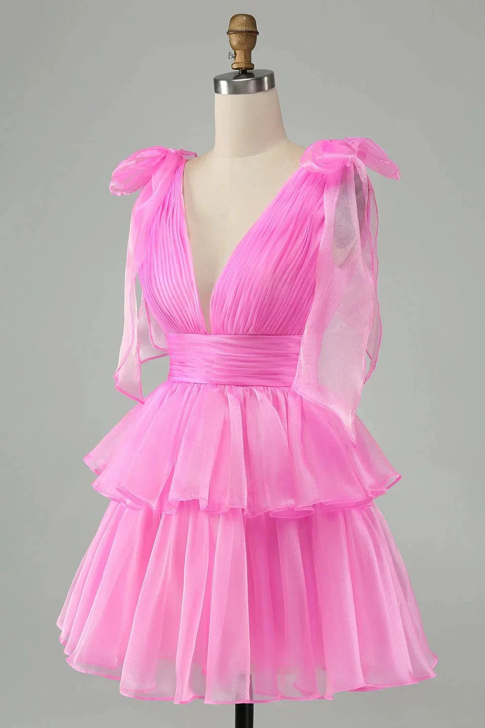 Cute Hot Pink A Line V Neck Backless Pleated Tiered Short Homecoming Dress - Image 3