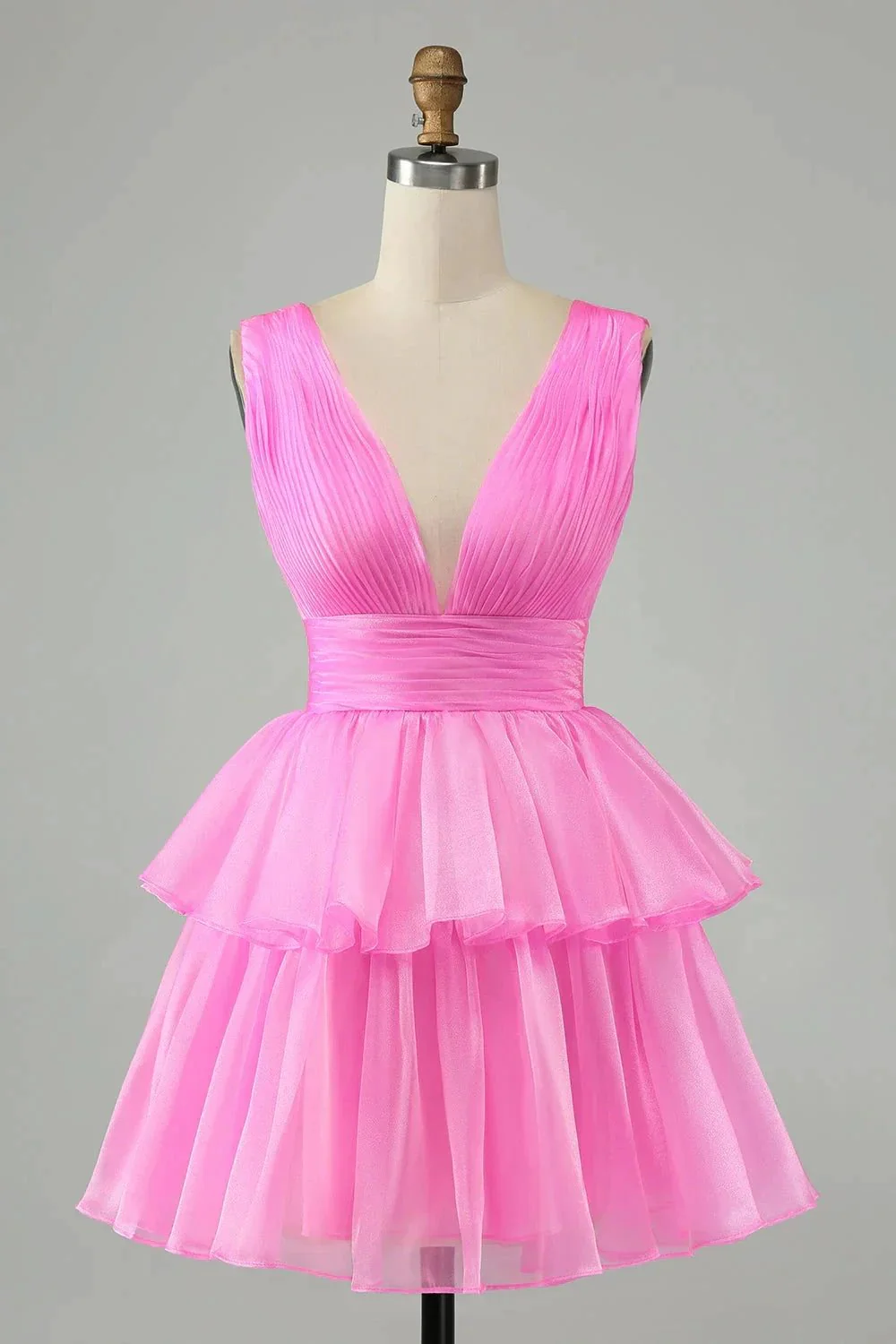 Cute Hot Pink A Line V Neck Backless Pleated Tiered Short Homecoming Dress - Image 4