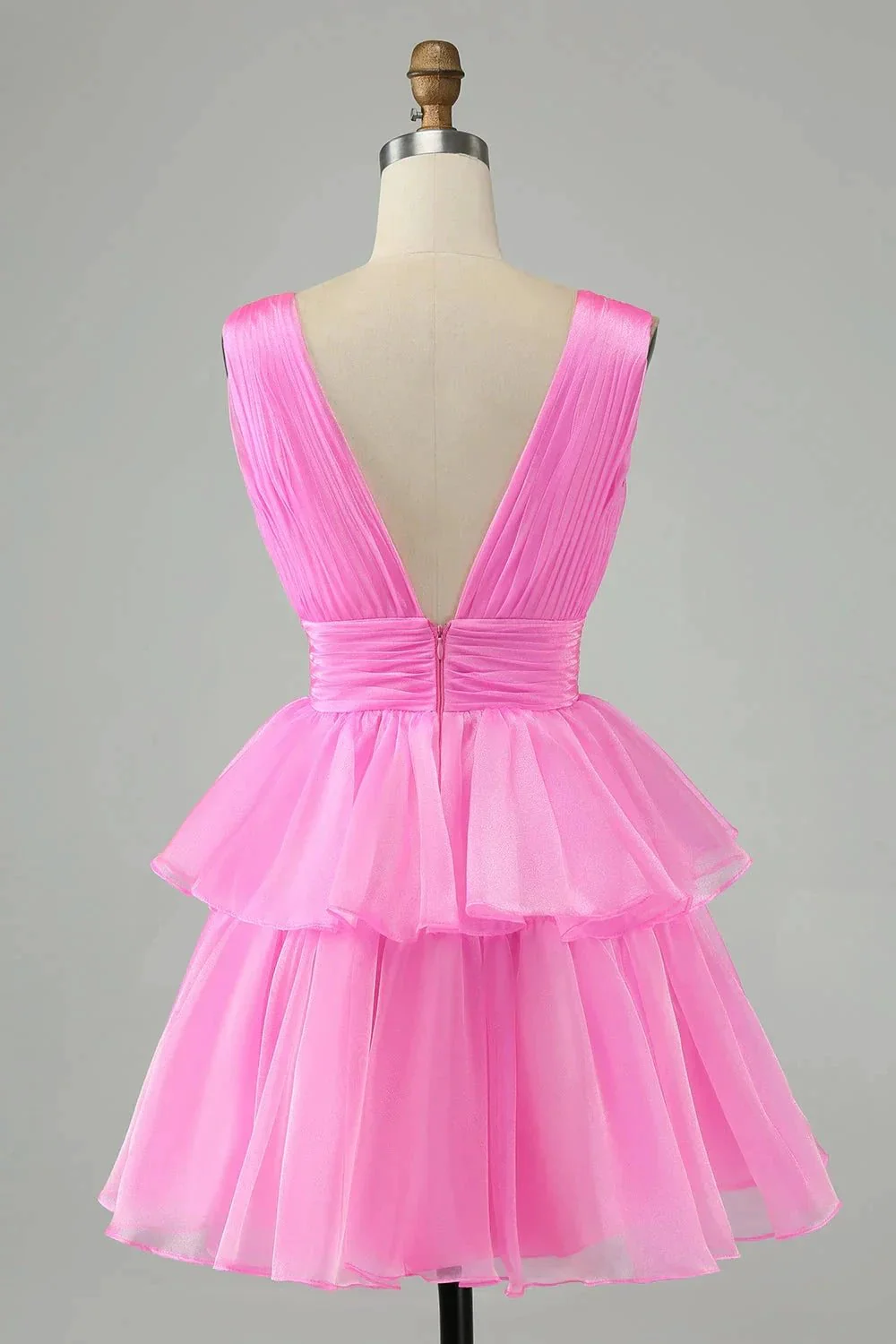 Cute Hot Pink A Line V Neck Backless Pleated Tiered Short Homecoming Dress - Image 5