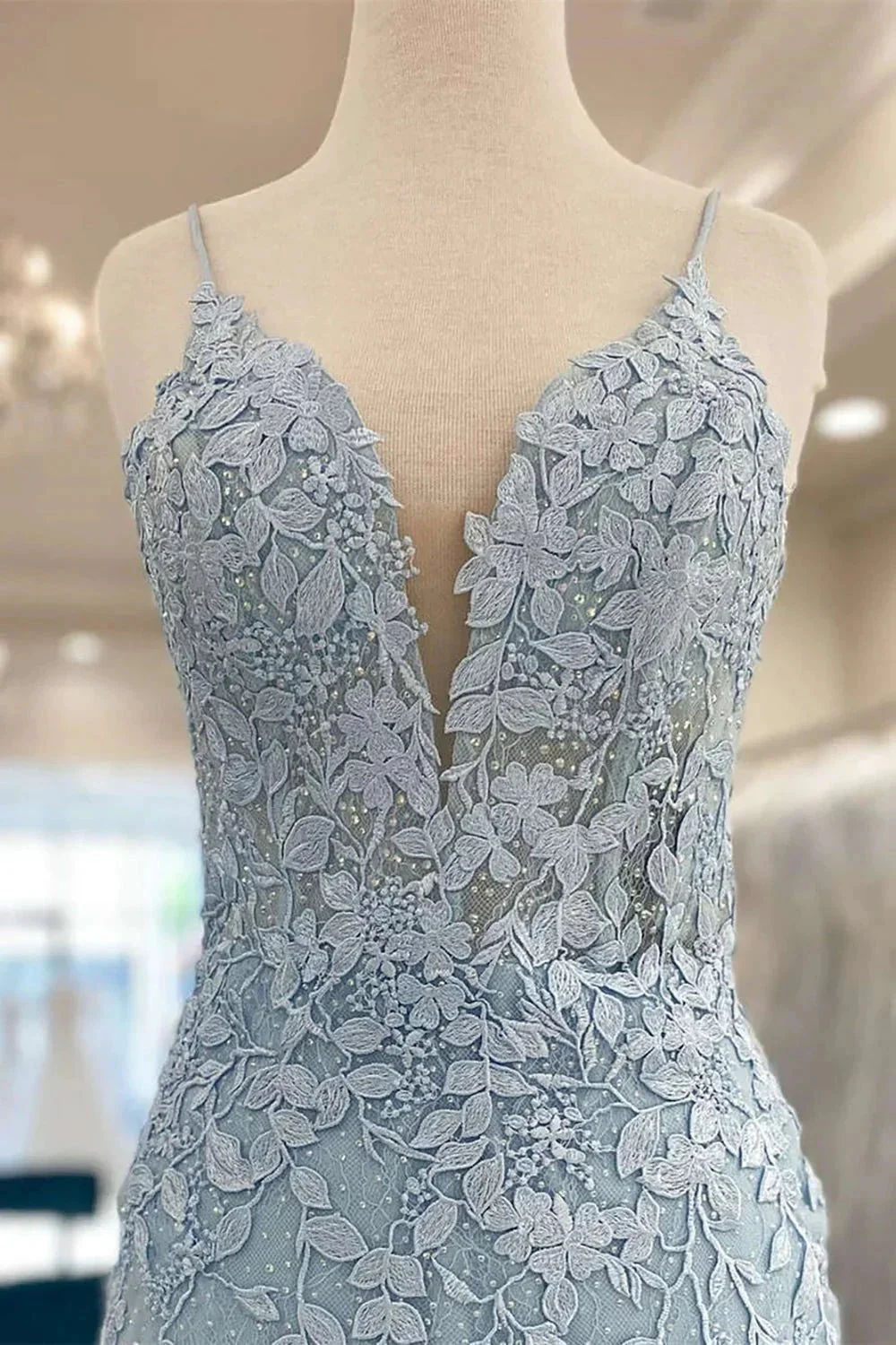 Cute Light Blue V Neck Lace Homecoming Dresses - Image 2