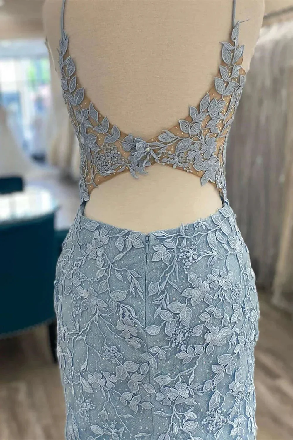 Cute Light Blue V Neck Lace Homecoming Dresses - Image 3