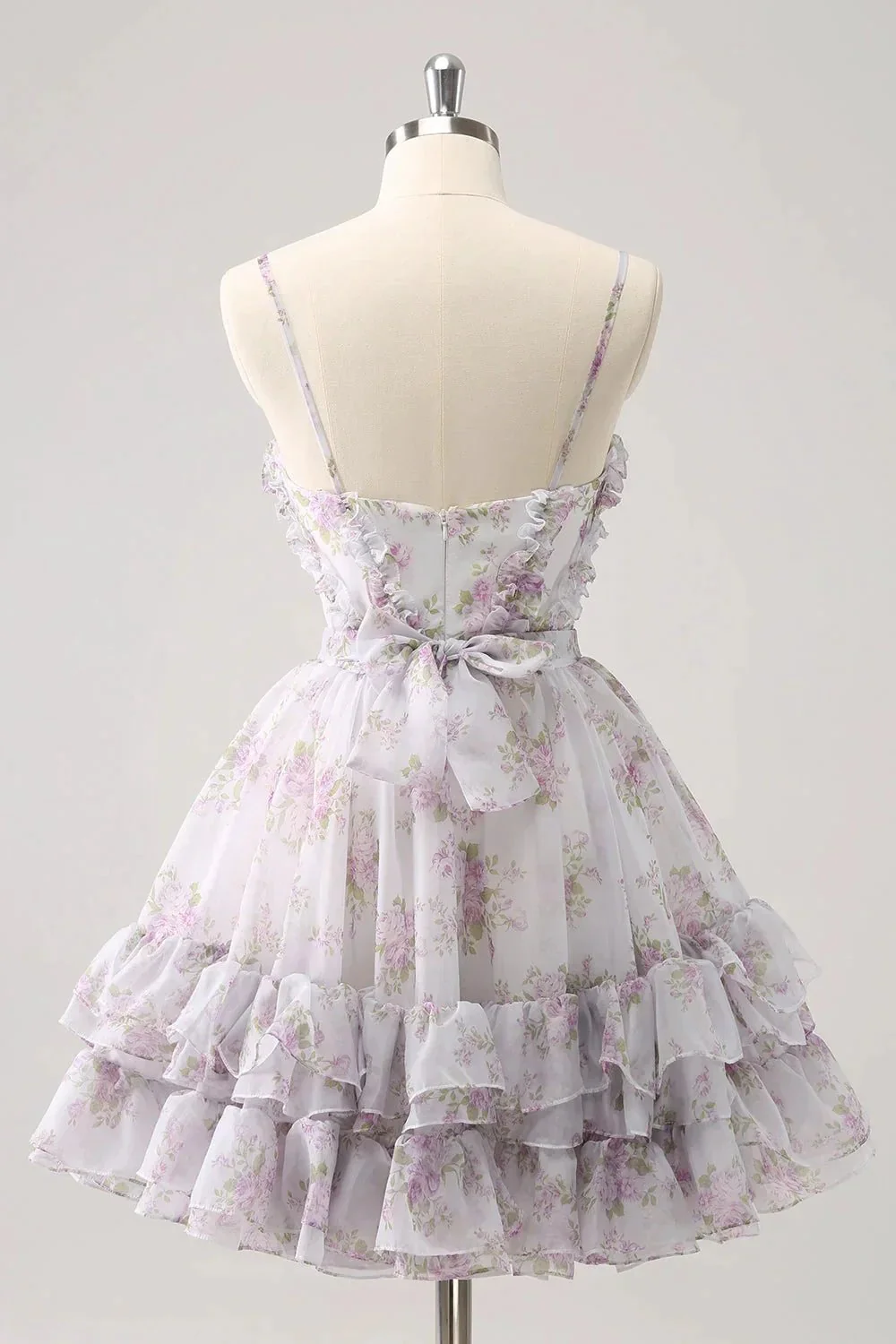 Cute Lilac A Line Cut Out Tiered Print Floral Homecoming Dress with Ruffles - Image 2