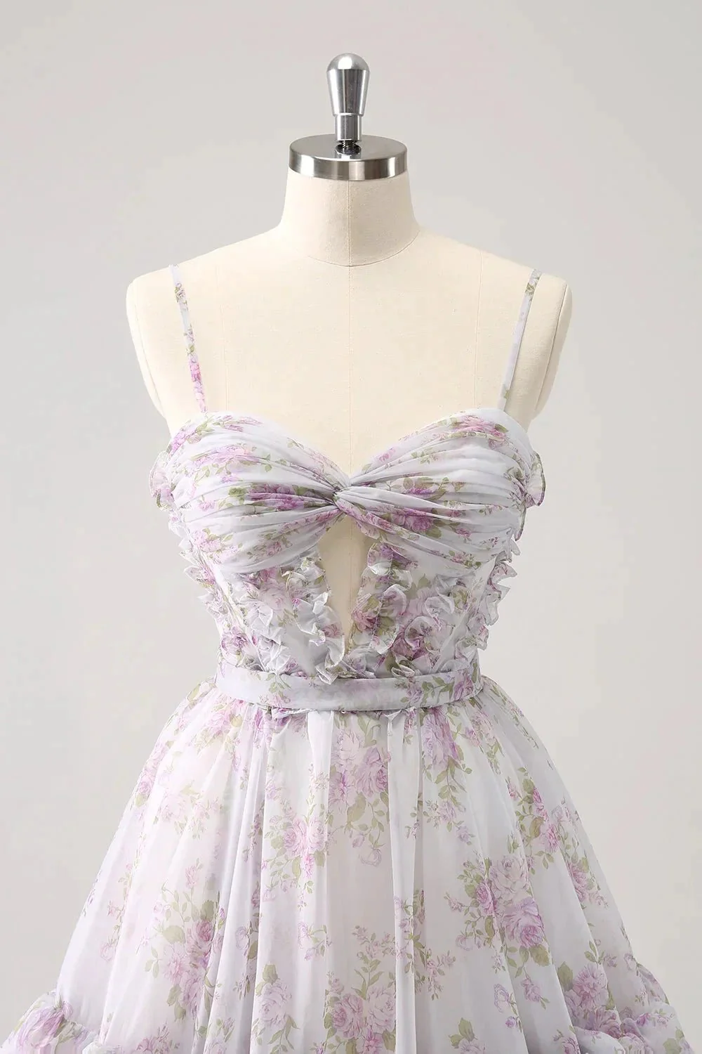 Cute Lilac A Line Cut Out Tiered Print Floral Homecoming Dress with Ruffles - Image 3
