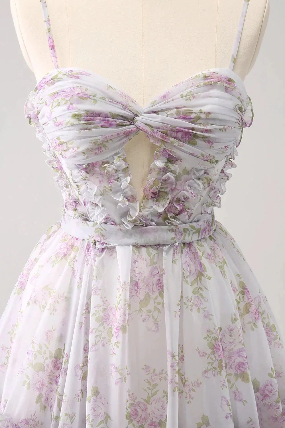 Cute Lilac A Line Cut Out Tiered Print Floral Homecoming Dress with Ruffles - Image 4