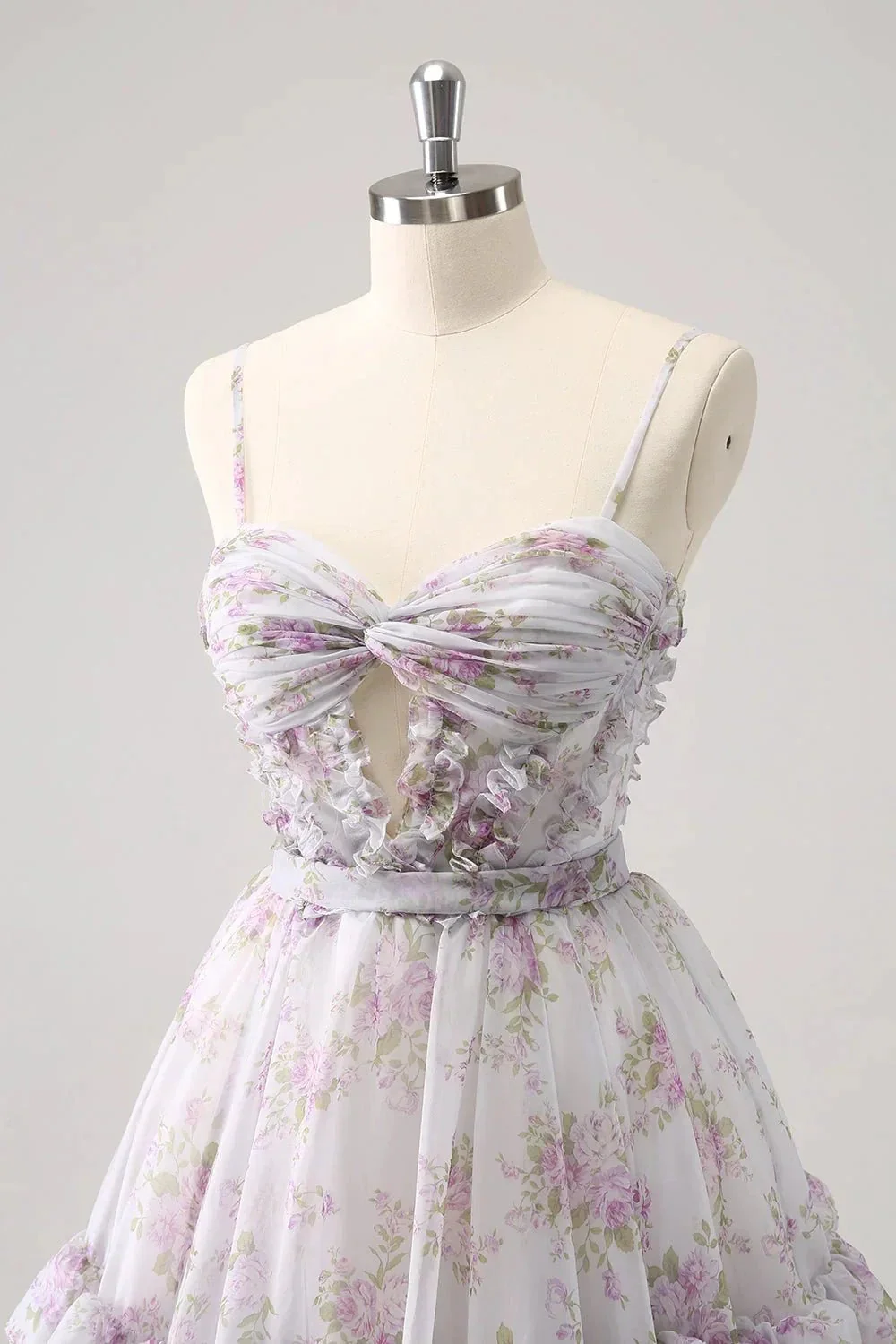 Cute Lilac A Line Cut Out Tiered Print Floral Homecoming Dress with Ruffles - Image 5