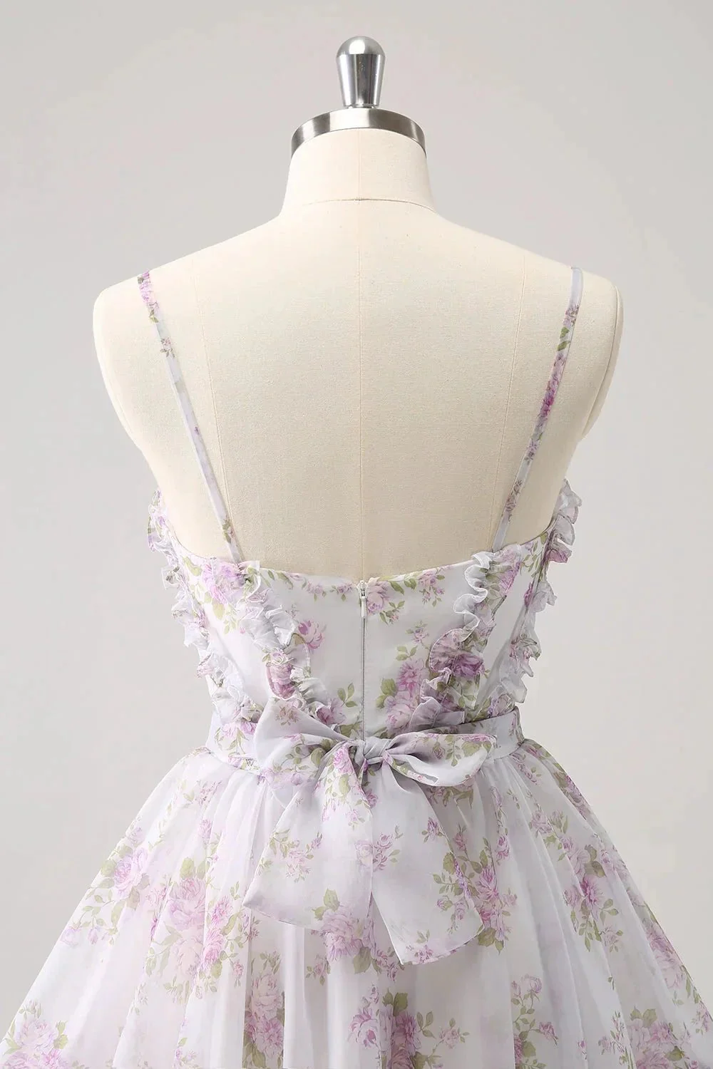 Cute Lilac A Line Cut Out Tiered Print Floral Homecoming Dress with Ruffles - Image 6