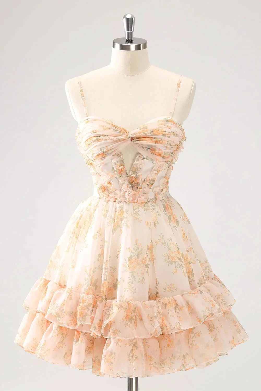 Cute Lilac A Line Cut Out Tiered Print Floral Homecoming Dress with Ruffles - Image 7