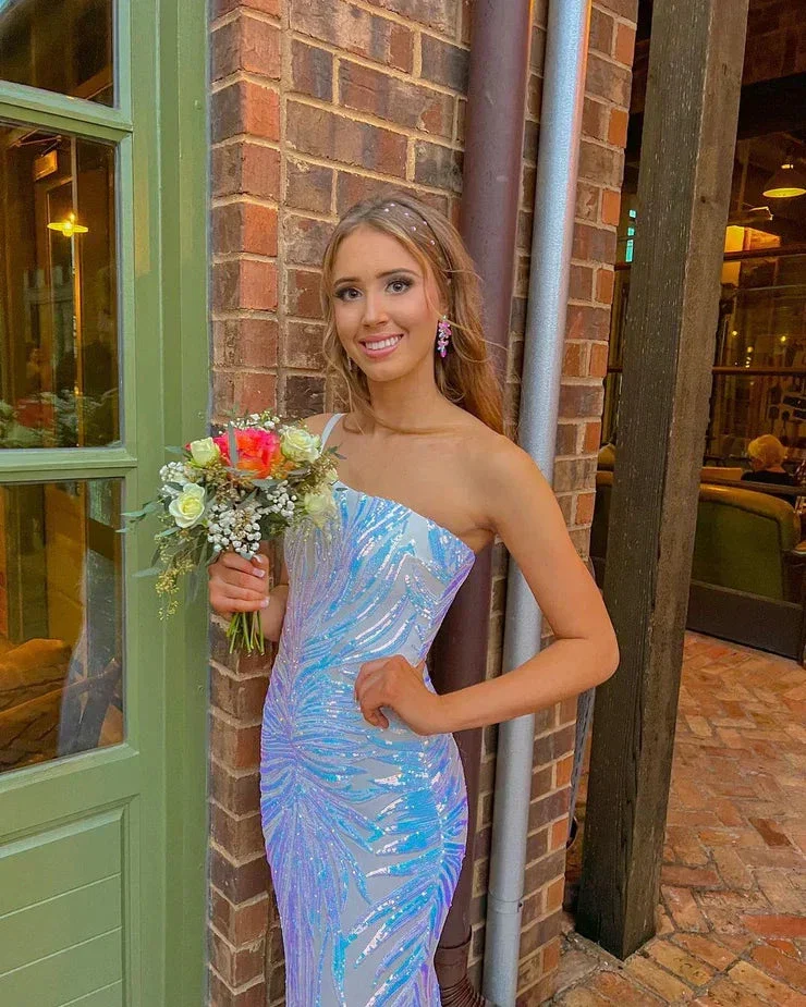 Cute Mermaid One Shoulder Sequin Prom Dresses Chic Evening Dress Y1895 - Image 3